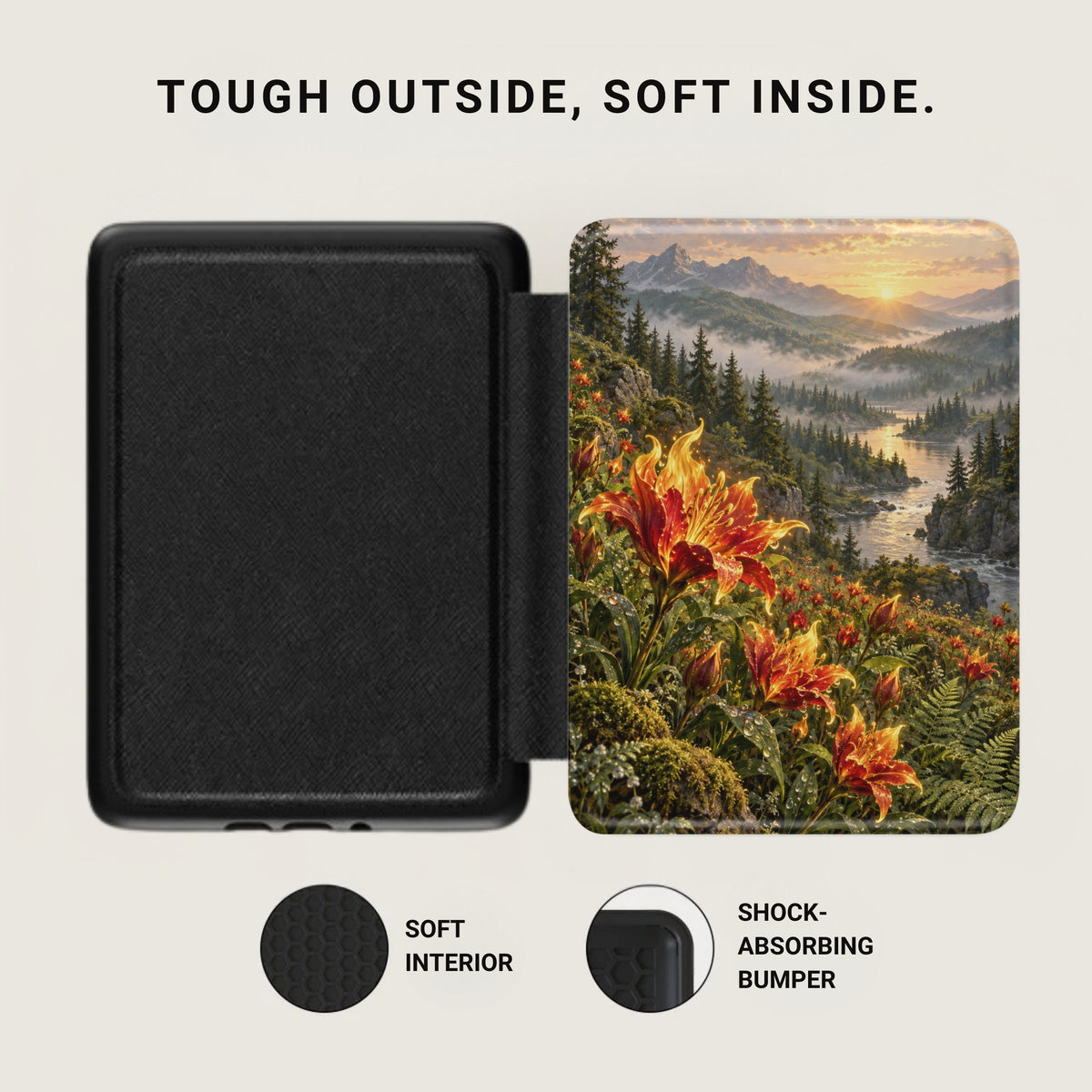 Black case with scenic mountain and flower art; "Tough Outside, Soft Inside" text.