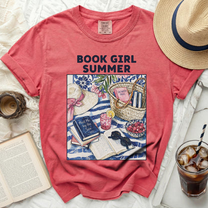 Coral t-shirt with "Book Girl Summer" design featuring books and beach items.