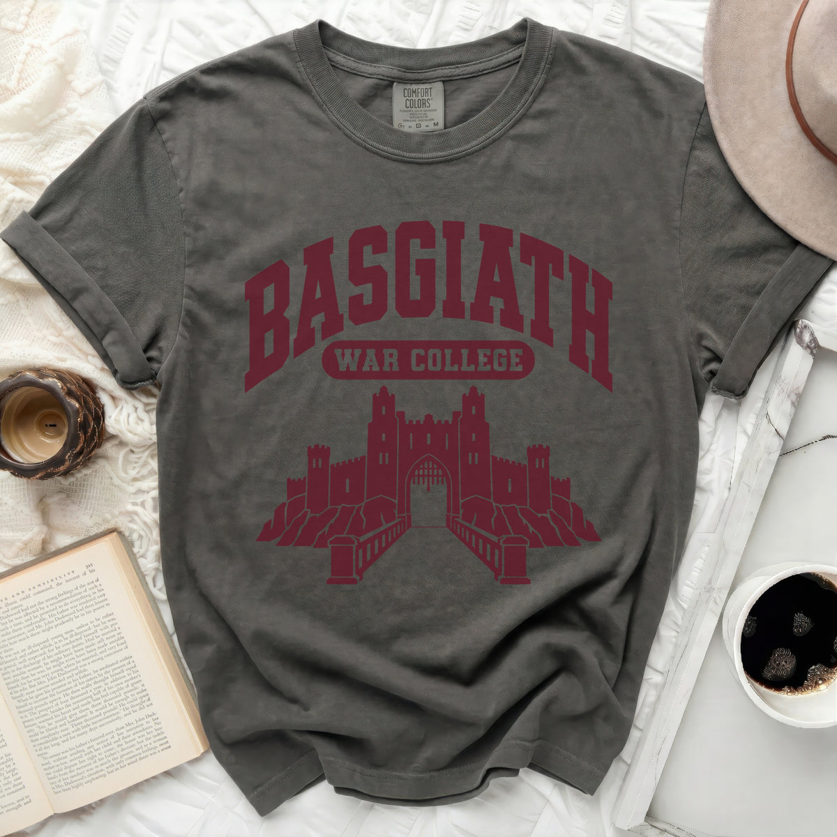 Gray t-shirt with "BASGIATH WAR COLLEGE" and a castle graphic.