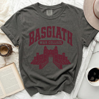 Gray t-shirt with "BASGIATH WAR COLLEGE" and a castle graphic.