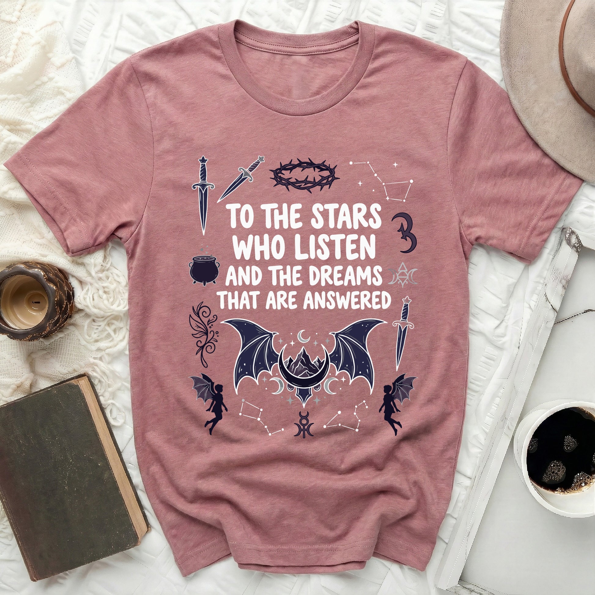 TO THE STARS WHO LISTEN AND THE DREAMS THAT ARE ANSWERED product type
Stars Who Listen, Dreams Answered, Fantasy T-Shirt, Celestial Apparel, Mystical Graphic, Bat Wings Design, Crescent Moon Tee, ACOTAR Inspired, Bookish Fashion, Witchy Aesthetic, Gothic Shirt, Magical Artwork, Constellation Print, Dagger Motif, Cauldron Art, Crown Thorns Symbol, Fae Creature, Spiritual Attire, Unique Slogan, Statement Top