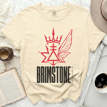 Cream t-shirt with red graphic and text "BRIMSTONE FAE & ALCHEMY #2".