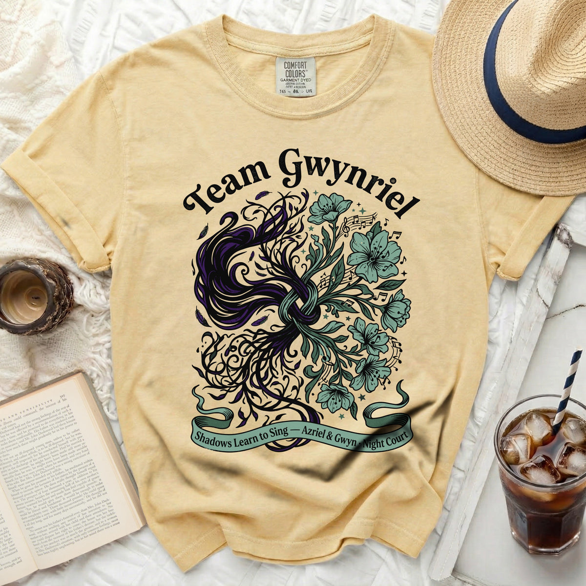 Yellow t-shirt with "Team Gwynriel" and floral design.