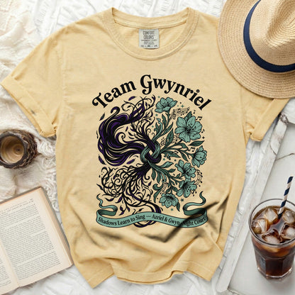 Yellow t-shirt with "Team Gwynriel" and floral design.
