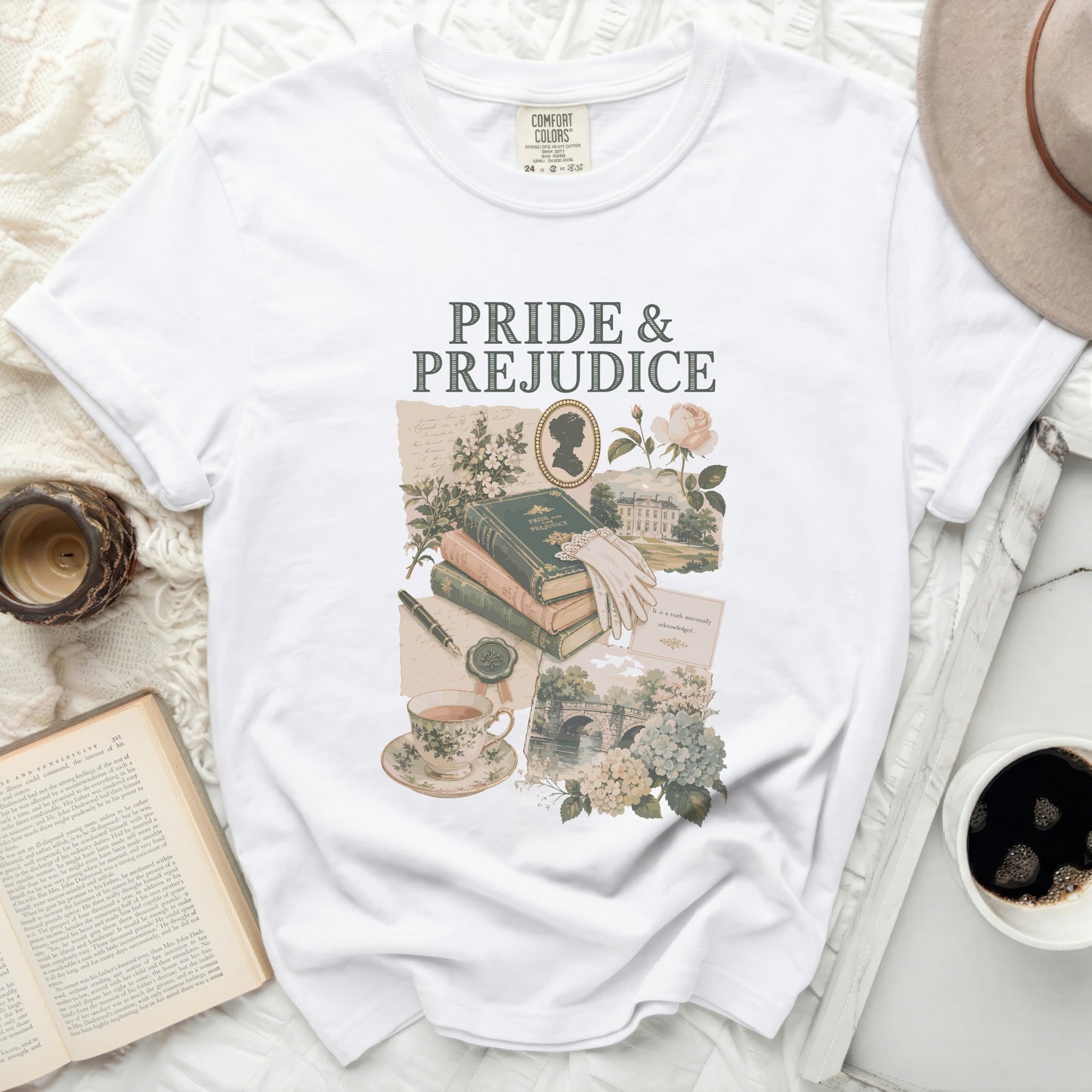 White t-shirt with "Pride & Prejudice" and vintage collage graphic.
