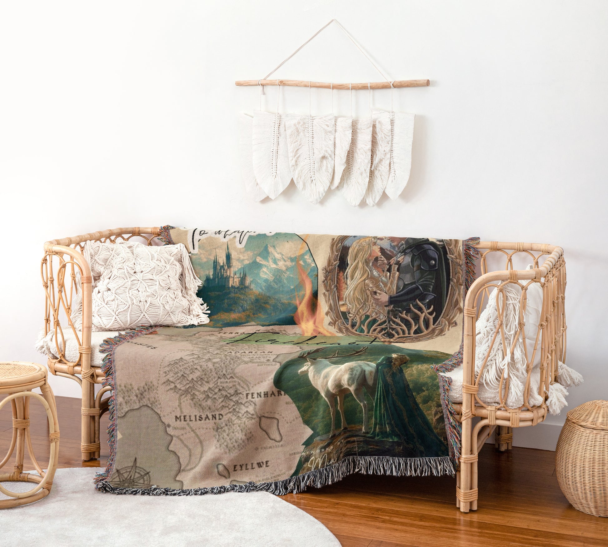 a cozy living room with a woven bench and a decorative wall hanging. The bench is adorned with a blanket that has a map of the world and a picture of a unicorn. The wall hanging consists of white feathers hanging from a wooden branch.