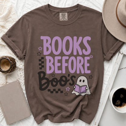 Brown t-shirt with purple "BOOKS BEFORE Boo's" text and a ghost reading a book.