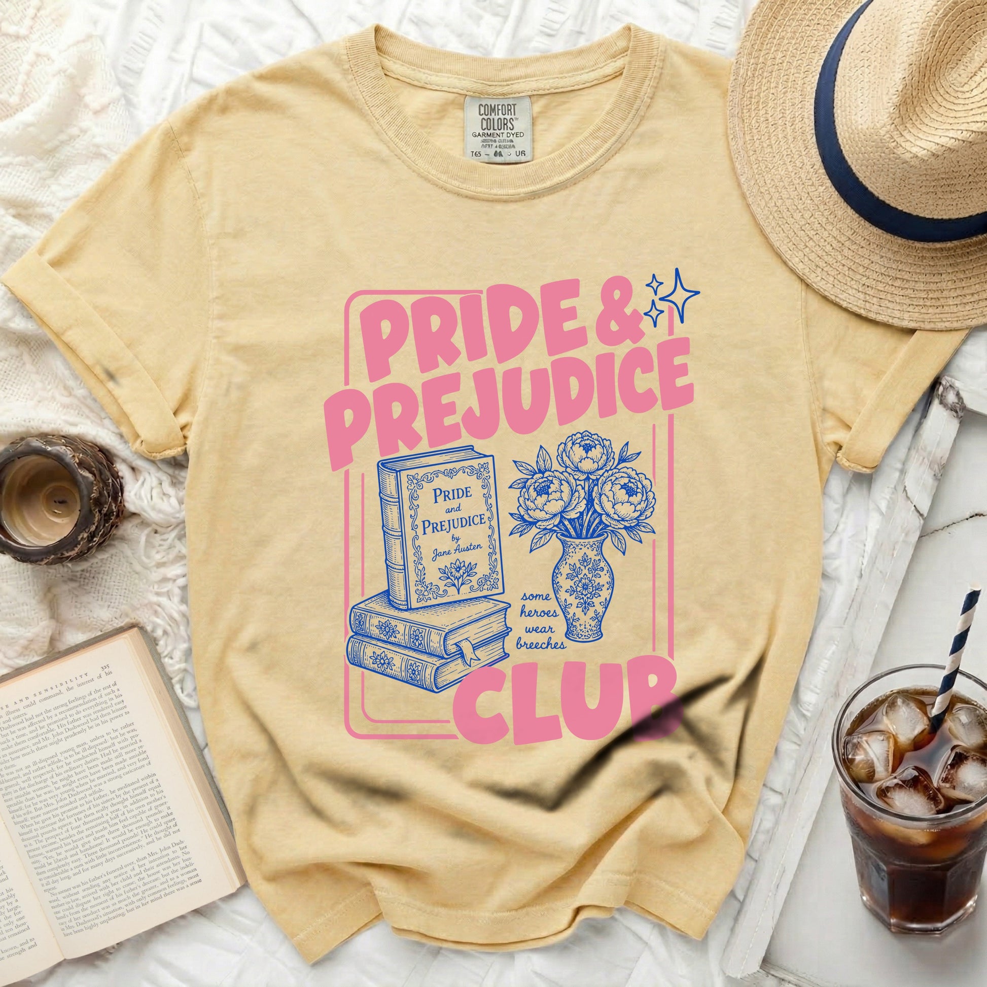 Yellow t-shirt with "Pride & Prejudice Club" graphic and book illustration.