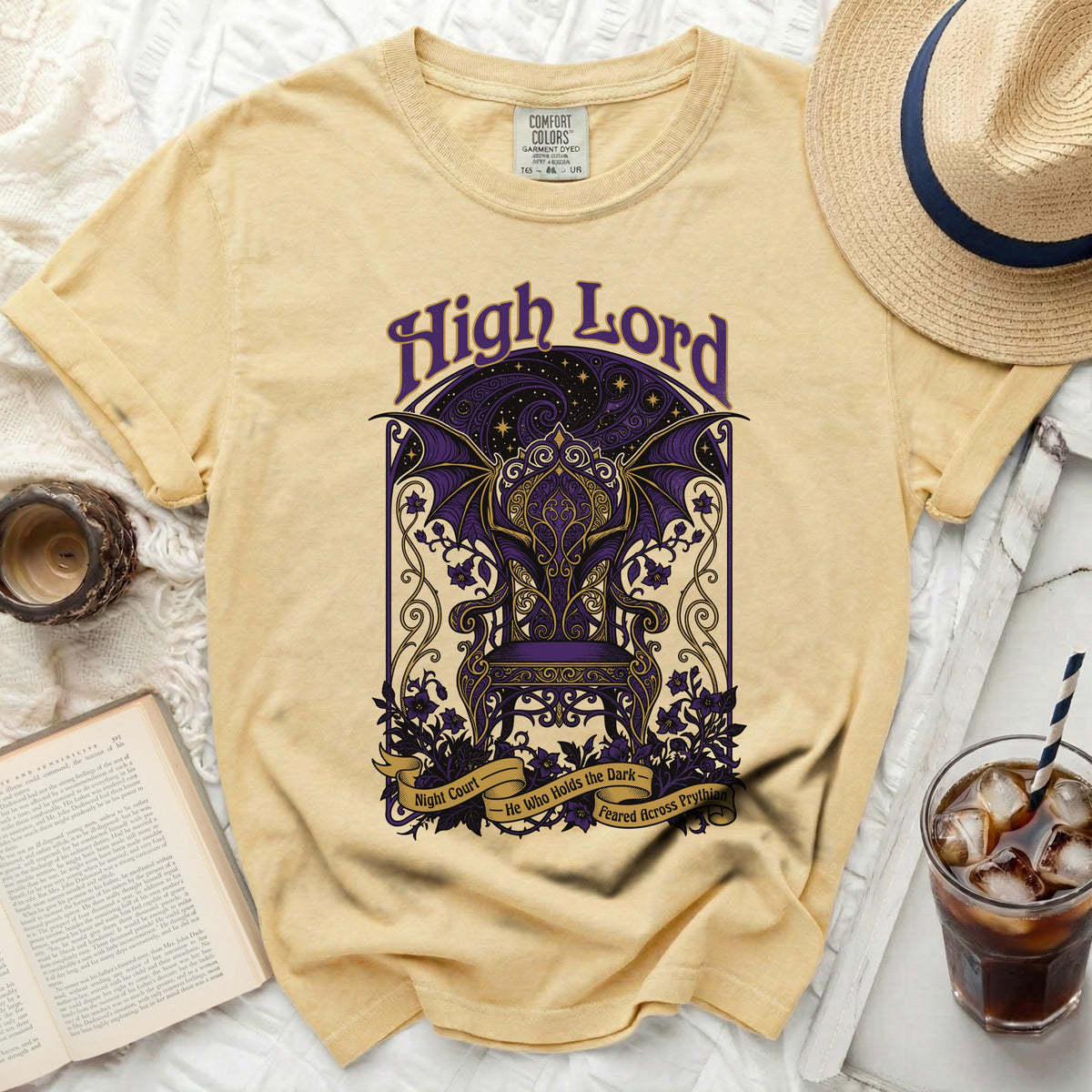 Yellow t-shirt with "High Lord" and ornate throne graphic.