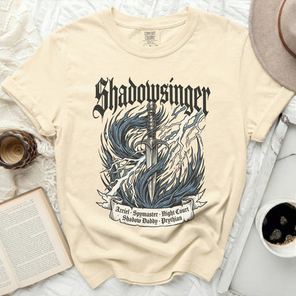 Cream Comfort Colors t-shirt with sword, flames, lightning, and text Shadowsinger.