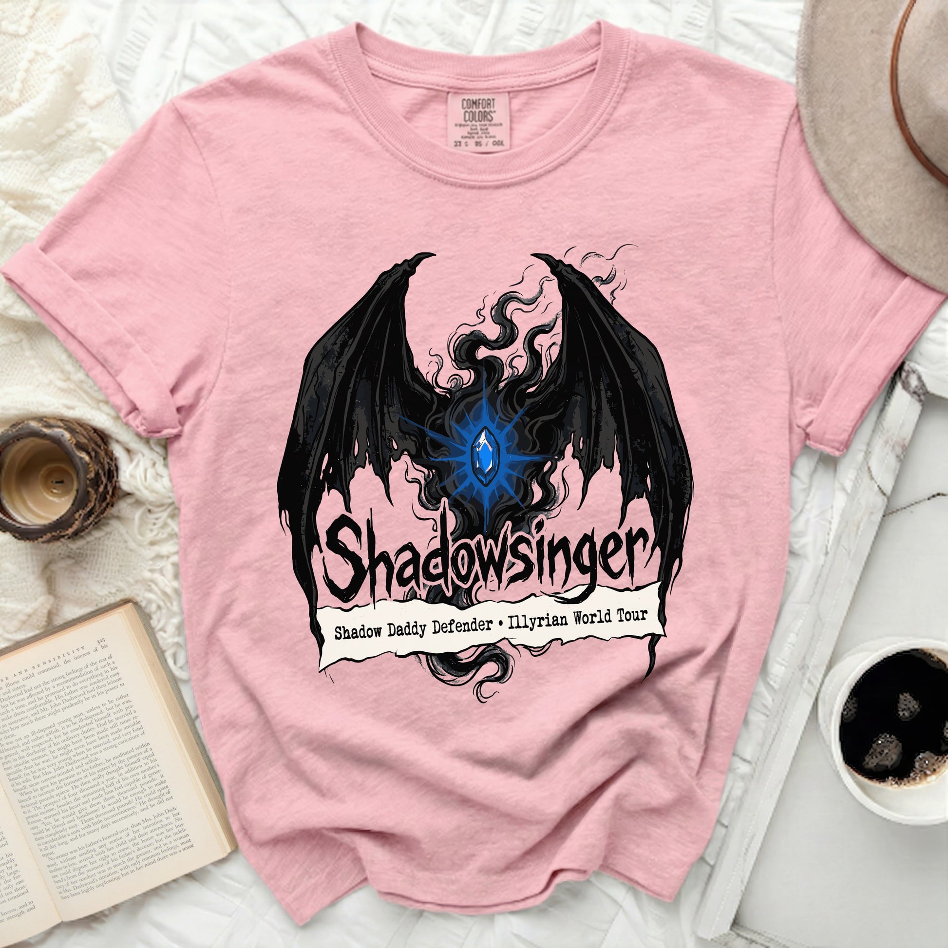 Pink t-shirt with black wings, gem, and text "Shadowsinger Shadow Daddy Defender Illyrian World Tour".