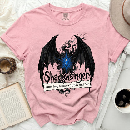 Pink t-shirt with black wings, gem, and text "Shadowsinger Shadow Daddy Defender Illyrian World Tour".