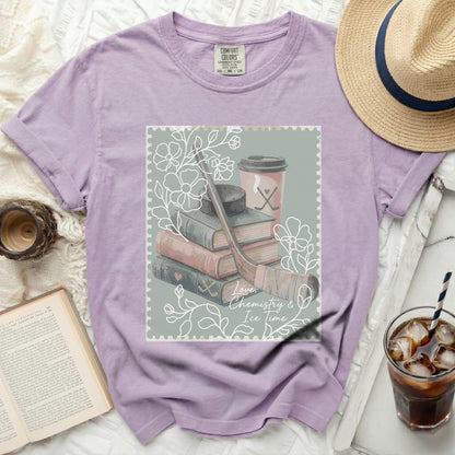 Comfort Colors t-shirt with stack of books, hockey sticks, coffee, and text.