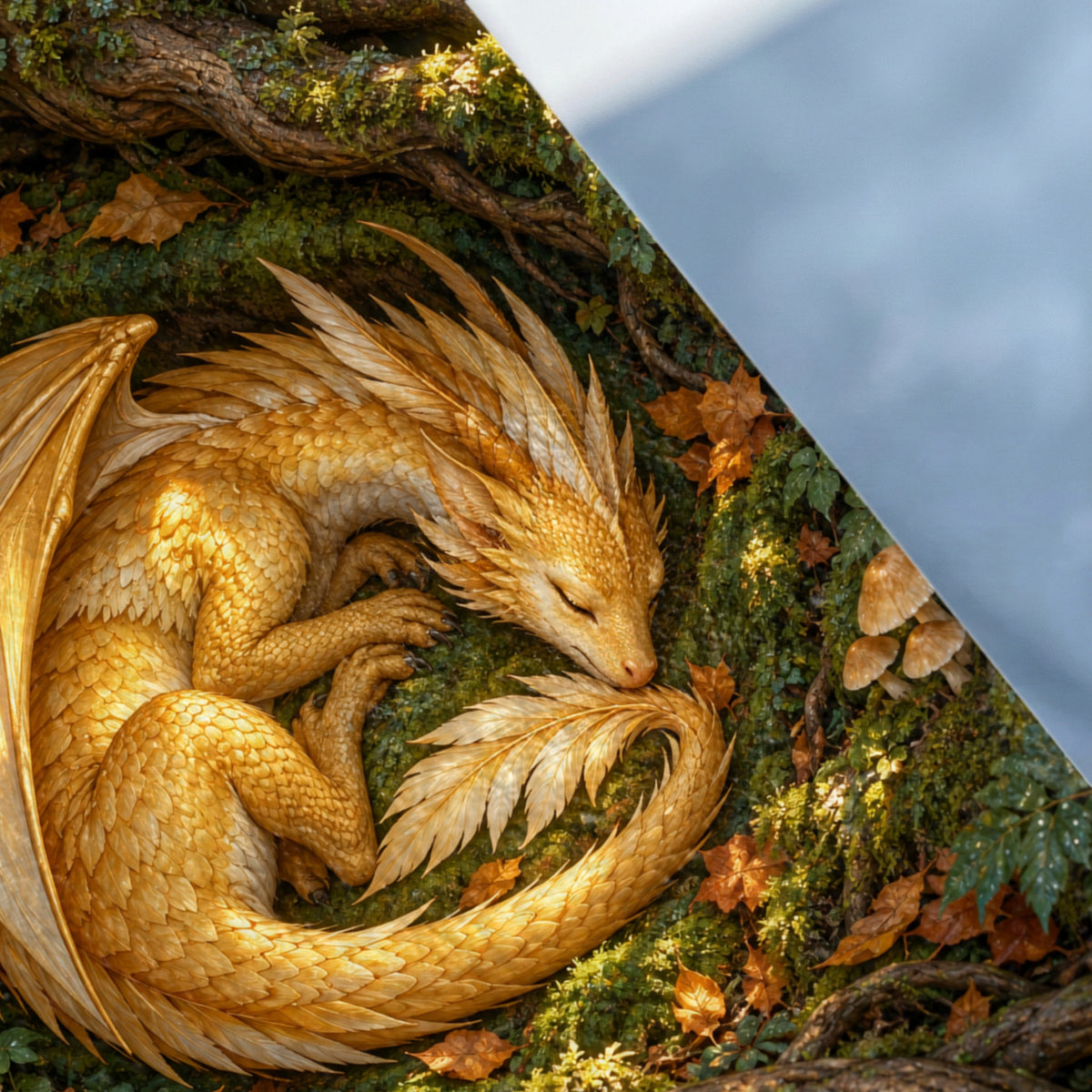 Golden dragon curled asleep in mossy forest with fallen leaves and mushrooms.