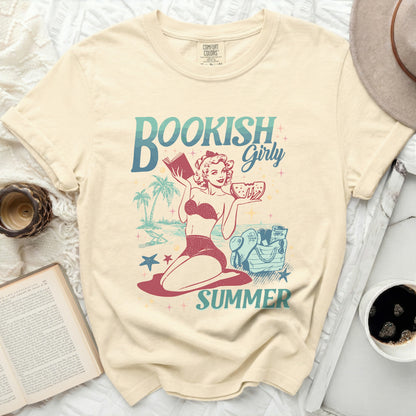 Bookish Girly Summer graphic tee with a retro pin-up girl at the beach.