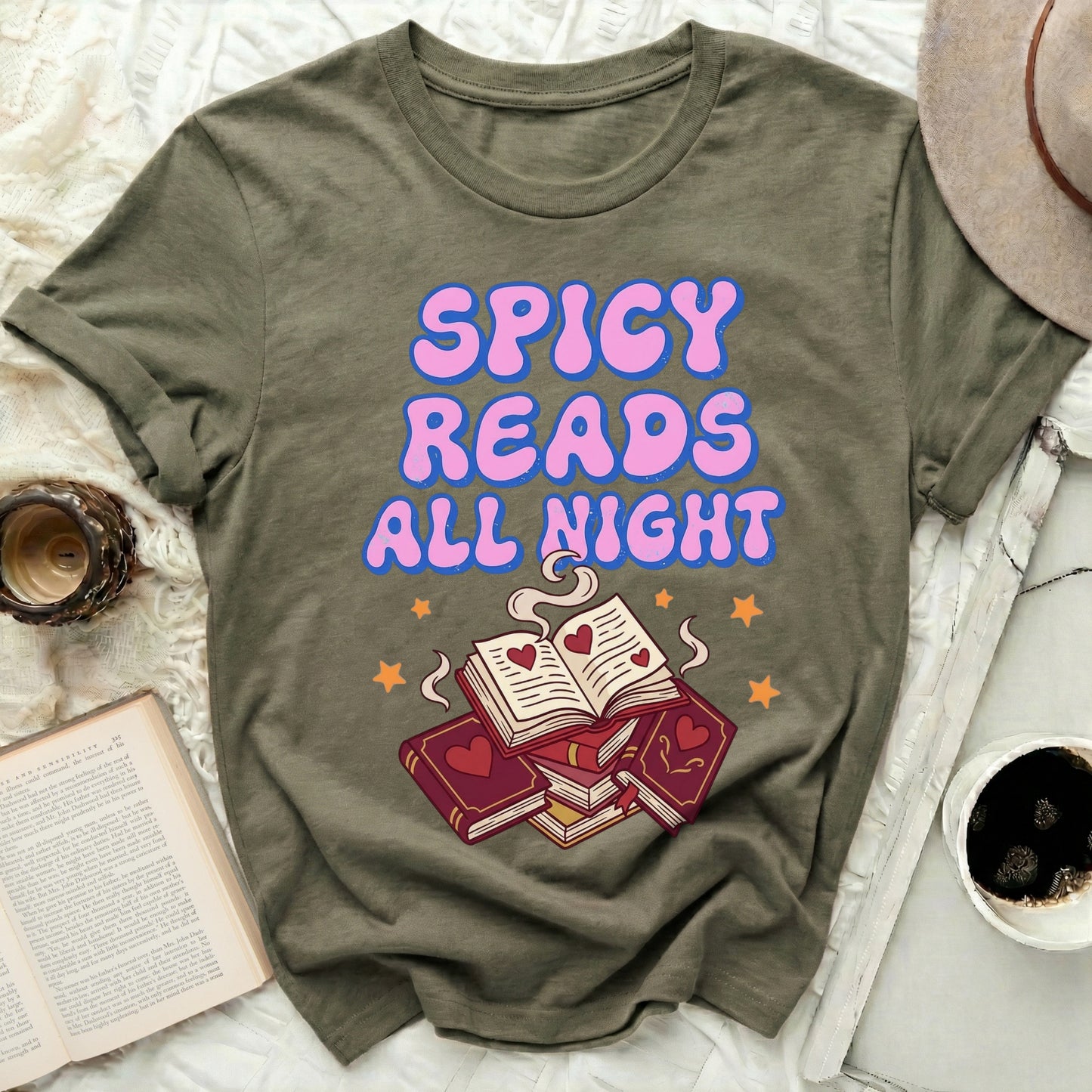 Spicy Reads All Night Book Lover Graphic Tee product type