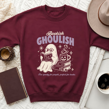 Maroon sweatshirt with 'Bookish GhoulIsh' text and a ghost reading.