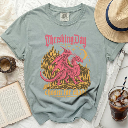 "Threshing Day Chosen for Chaos" graphic tee with a pink dragon and castle.