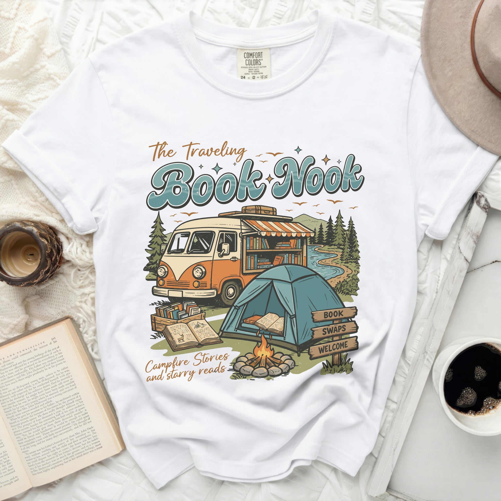 "The Traveling Book Nook" text graphic with vintage van, tent, and books.