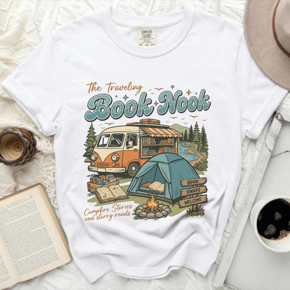 "The Traveling Book Nook" text graphic with vintage van, tent, and books.