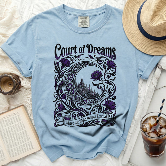 Light blue t-shirt with "Court of Dreams" and crescent moon design.