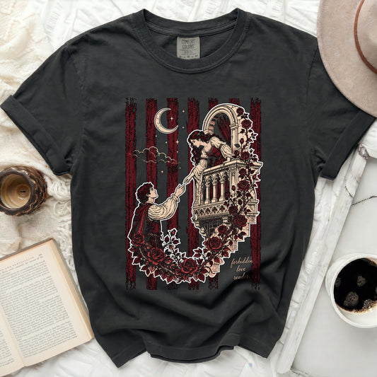 Black Comfort Colors shirt with forbidden love reader graphic and floral accents.