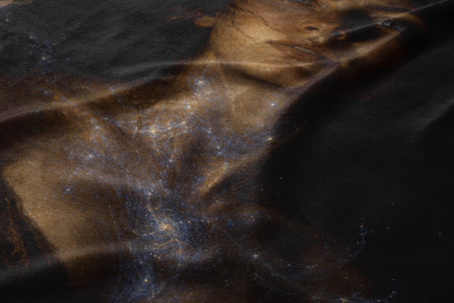 Abstract art with a face merging into a swirling cosmic nebula.