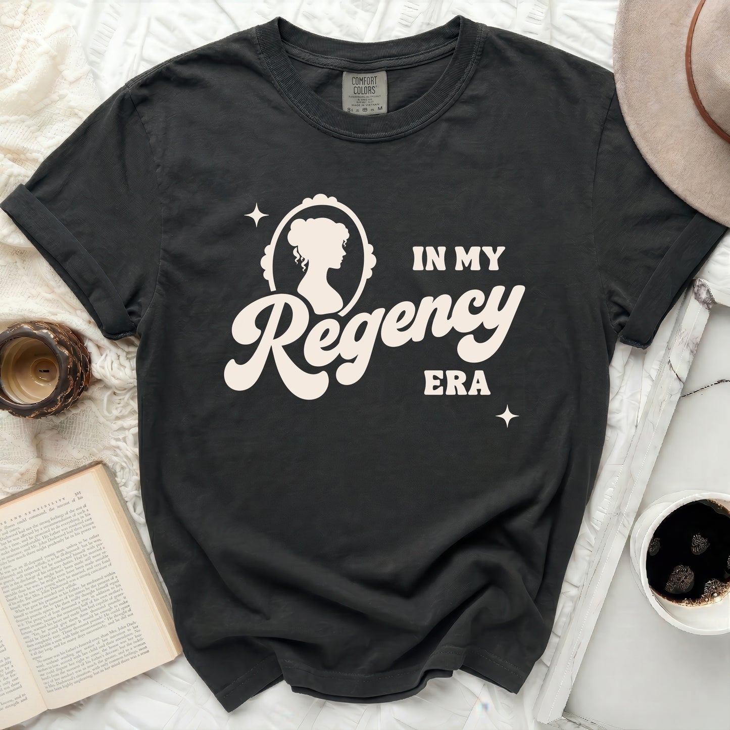 Black Comfort Colors t-shirt with "In My Regency Era" text and cameo.
