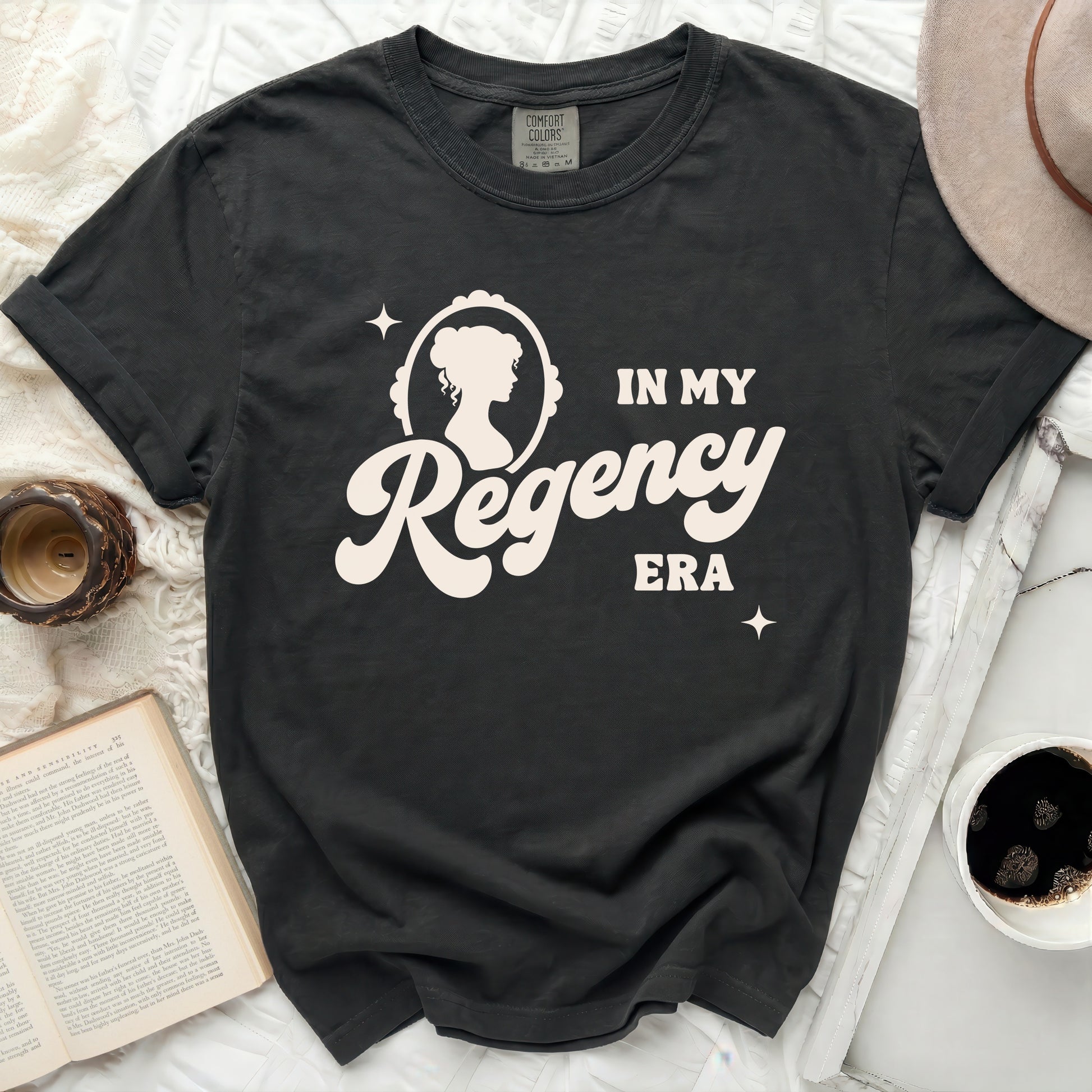 Black Comfort Colors t-shirt with "In My Regency Era" text and cameo.