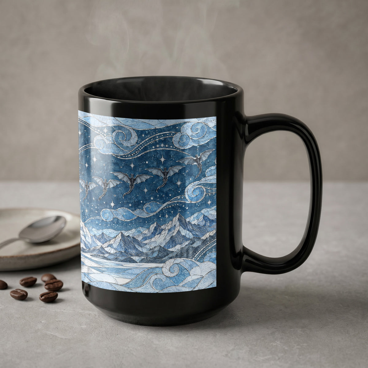 A black ceramic mug featuring a blue mosaic illustration of dragons flying over snowy mountains.