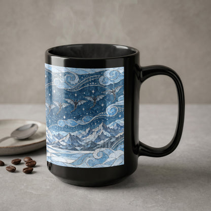 A black ceramic mug featuring a blue mosaic illustration of dragons flying over snowy mountains.