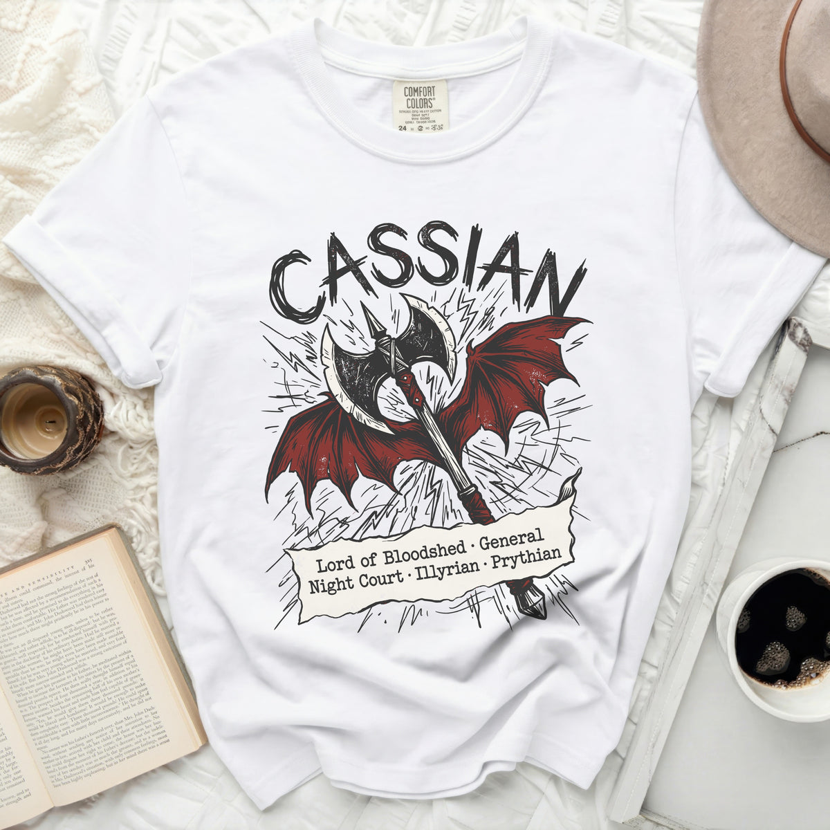 White t-shirt with "Cassian Lord of Bloodshed" graphic and battle axe.