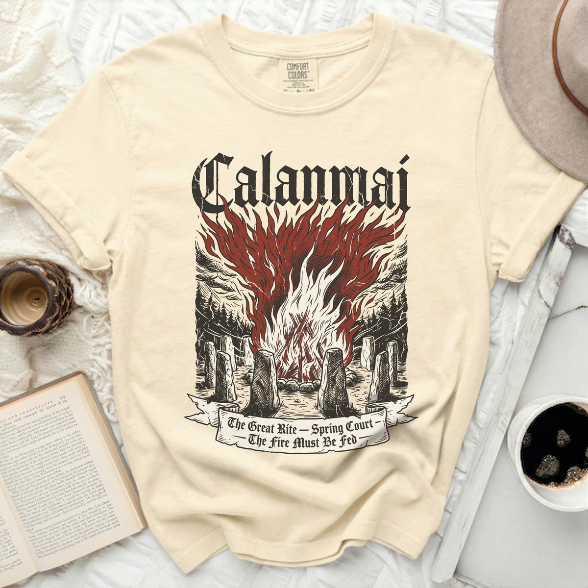 Calanmai t-shirt with graphic of bonfire and stone circle, "The Great Rite - Spring Court - The Fire Must Be Fed".