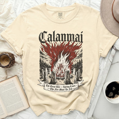 Calanmai t-shirt with graphic of bonfire and stone circle, "The Great Rite - Spring Court - The Fire Must Be Fed".