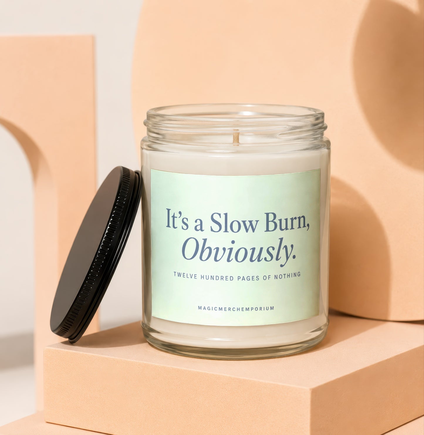 Glass candle with black lid, reading "It's a Slow Burn, Obviously."