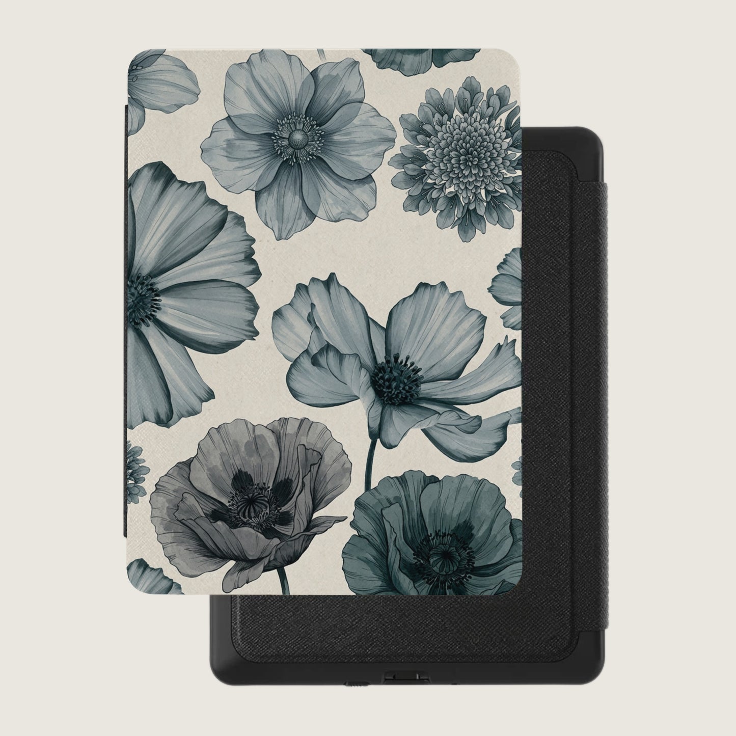 Case for an e-reader with a blue floral pattern on a cream background.