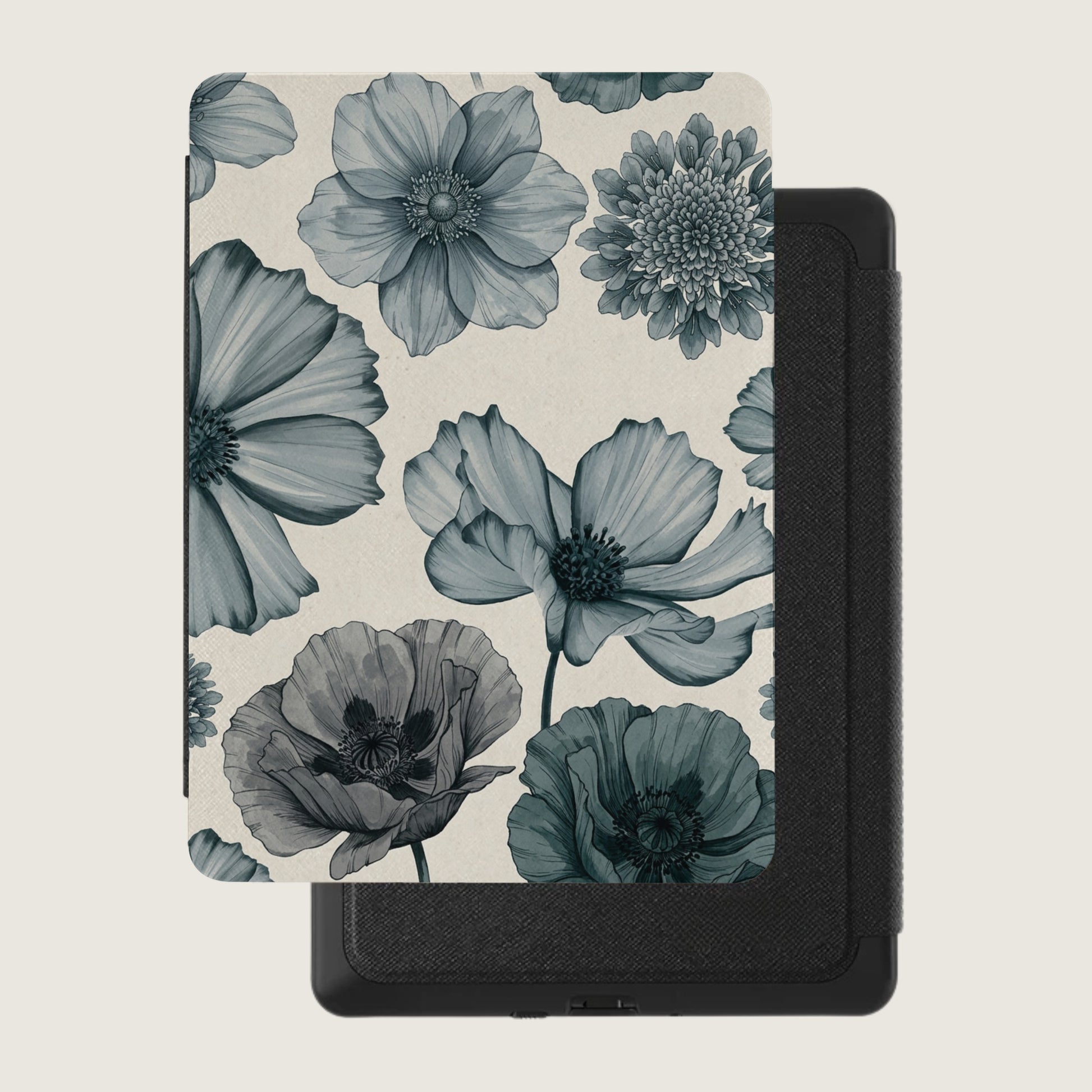 Case for an e-reader with a blue floral pattern on a cream background.
