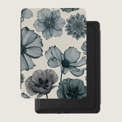 Case for an e-reader with a blue floral pattern on a cream background.