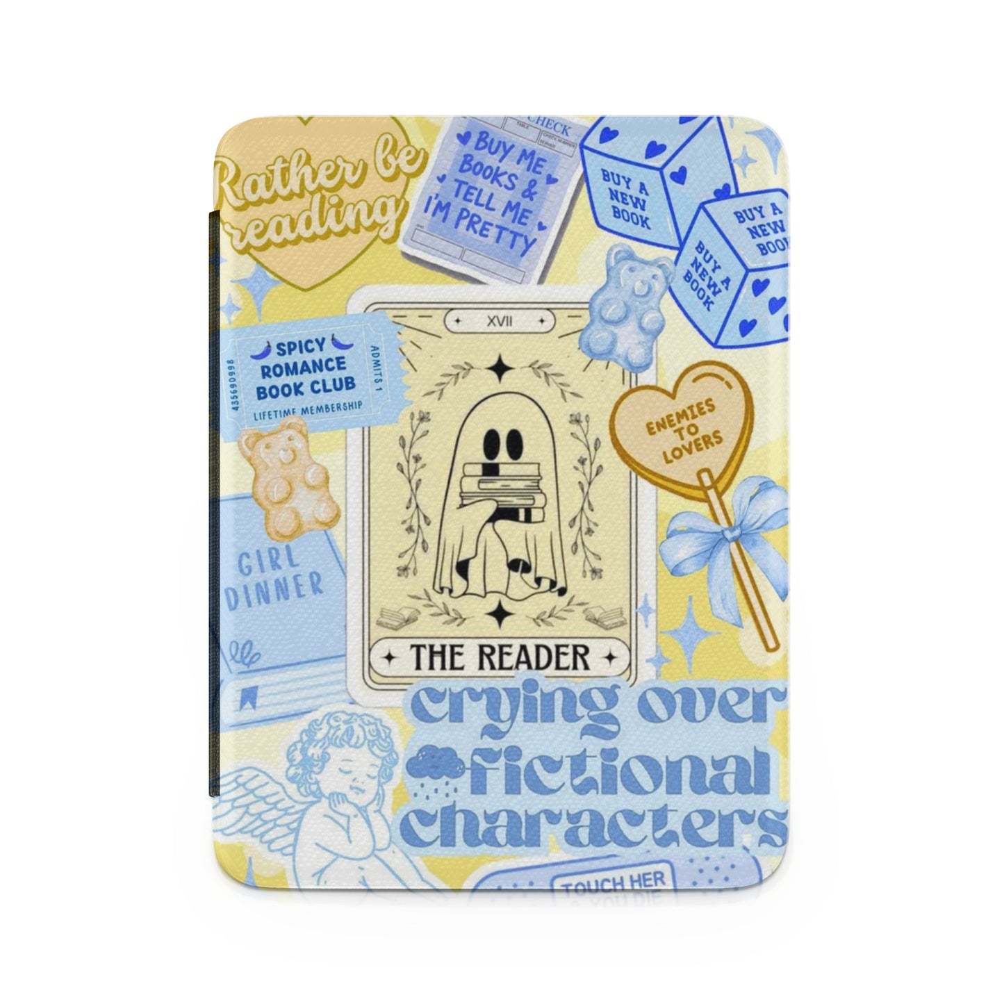 "The Reader" tarot card with a ghost holding books, surrounded by reading-themed stickers.