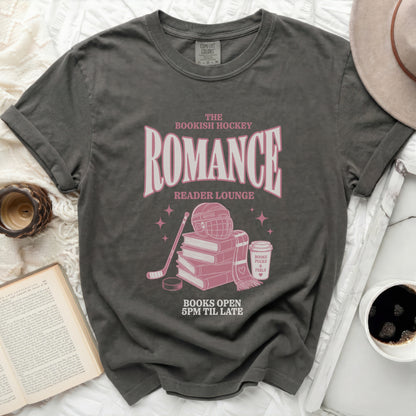 T-shirt with "Bookish Hockey Reader Lounge" and hockey elements.