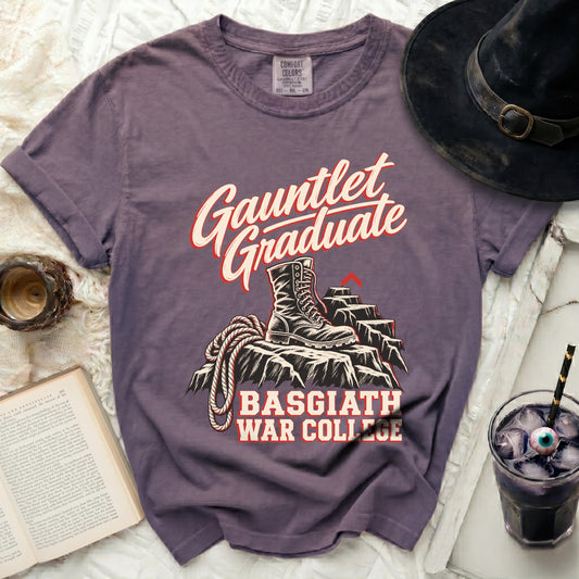 Purple t-shirt with "Gauntlet Graduate Basgiath War College" text and boot graphic.
