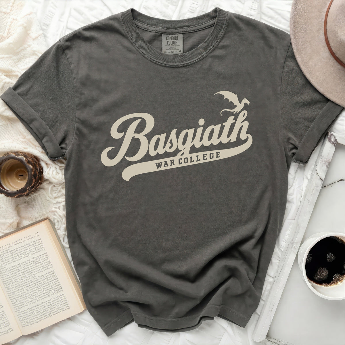 Charcoal grey t-shirt with "Basgiath War College" and dragon graphic.