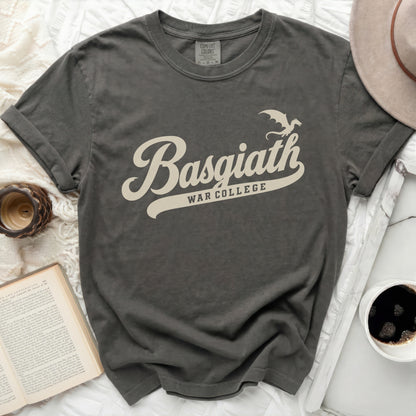 Charcoal grey t-shirt with "Basgiath War College" and dragon graphic.