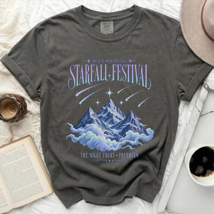 Gray t-shirt with "Starfall Festival" text, mountains, clouds, and stars graphic.