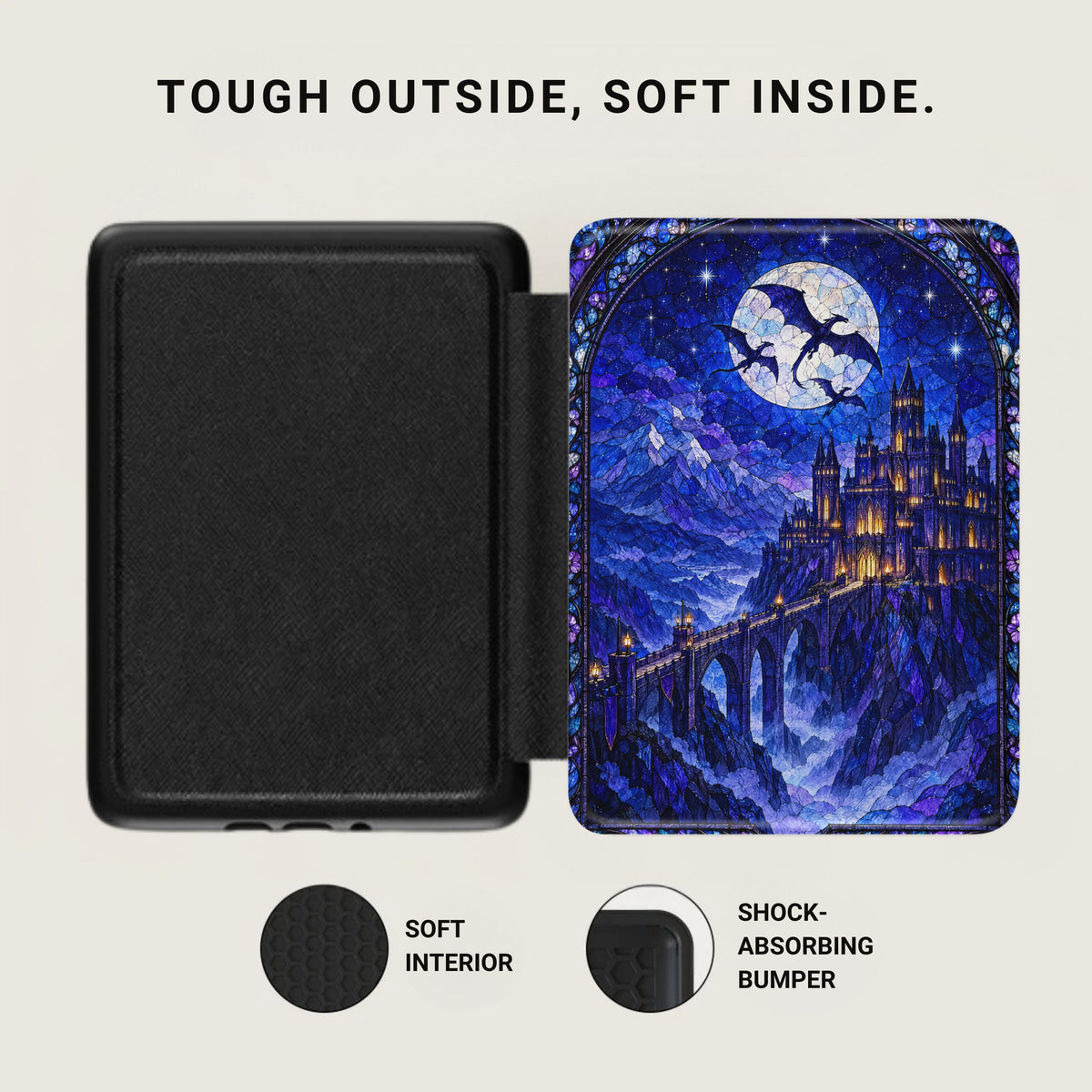 An open Kindle case with a soft black interior and a blue stained-glass castle exterior design.