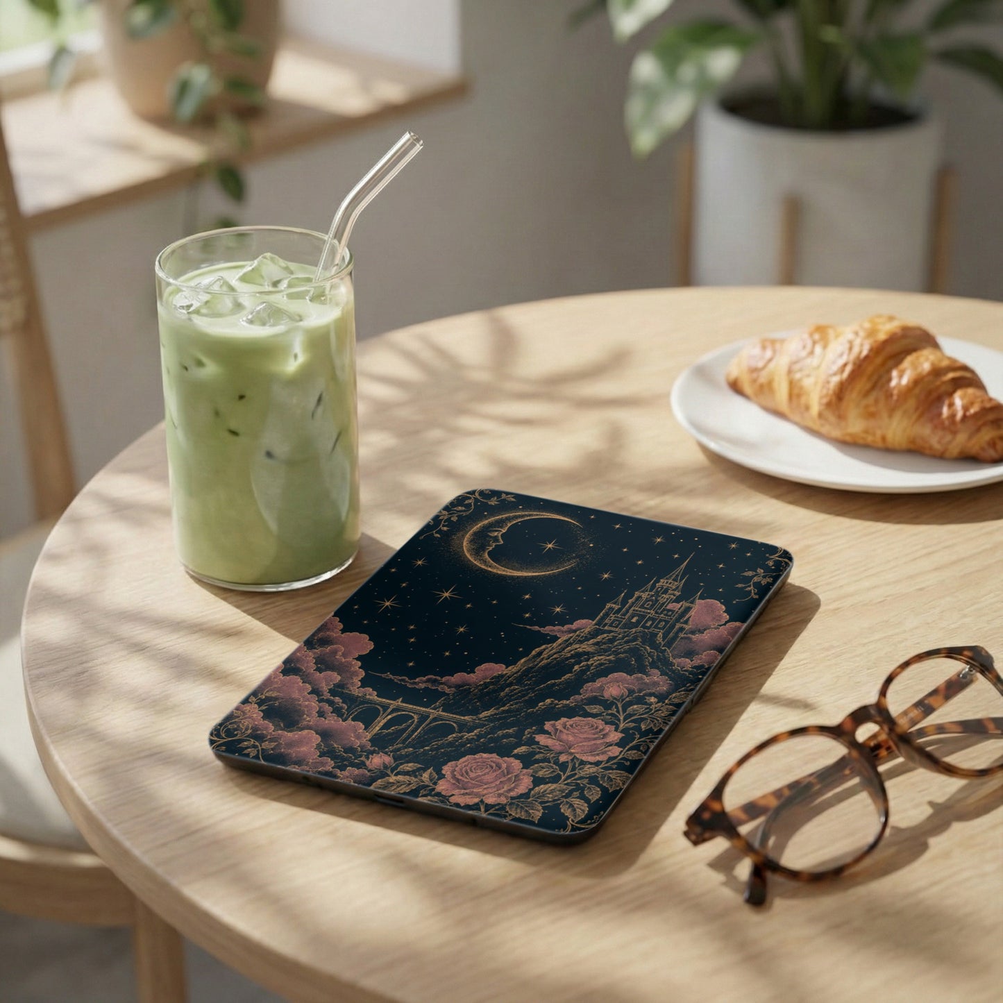 Tablet case with ornate celestial castle and rose design.