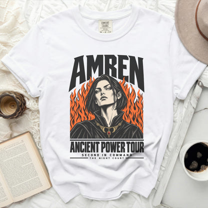 White t-shirt with "AMREN ANCIENT POWER TOUR SECOND IN COMMAND THE NIGHT COURT" graphic.