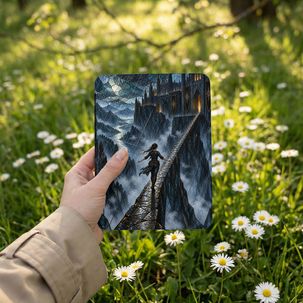 Fantasy castle on a precarious bridge with a woman walking towards it.
