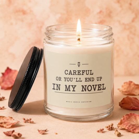 Glass candle with lit wick and black lid, reads "Careful or you'll end up in my novel".