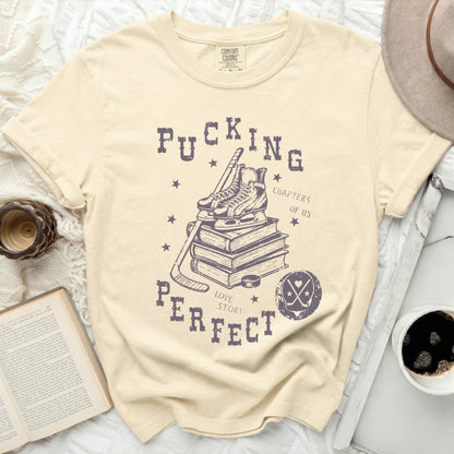 Cream t-shirt with pucking perfect love story chapters design.